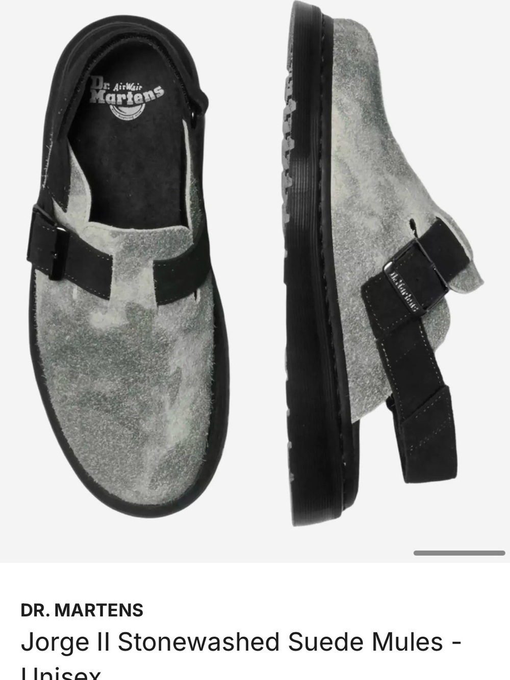 Dr. Martens Stonewashed Gray Suede Jorge II Mules with Black Straps